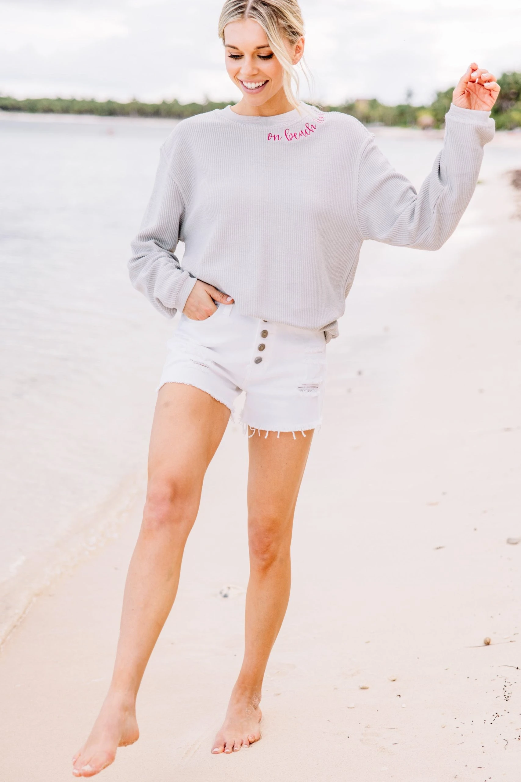 On Beach Time Silver Gray Corded Embroidered Sweatshirt 4 On Beach Time Silver Gray Corded Embroidered Sweatshirt - Image 2
