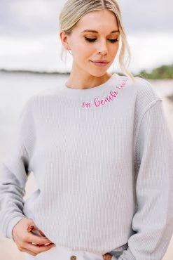On Beach Time Silver Gray Corded Embroidered Sweatshirt