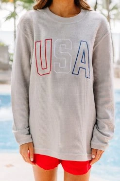 USA Silver Gray Embroidered Corded Sweatshirt -ANINE BING Shop 101245.USASilverGrayEmbroideredCordedSweatshirt