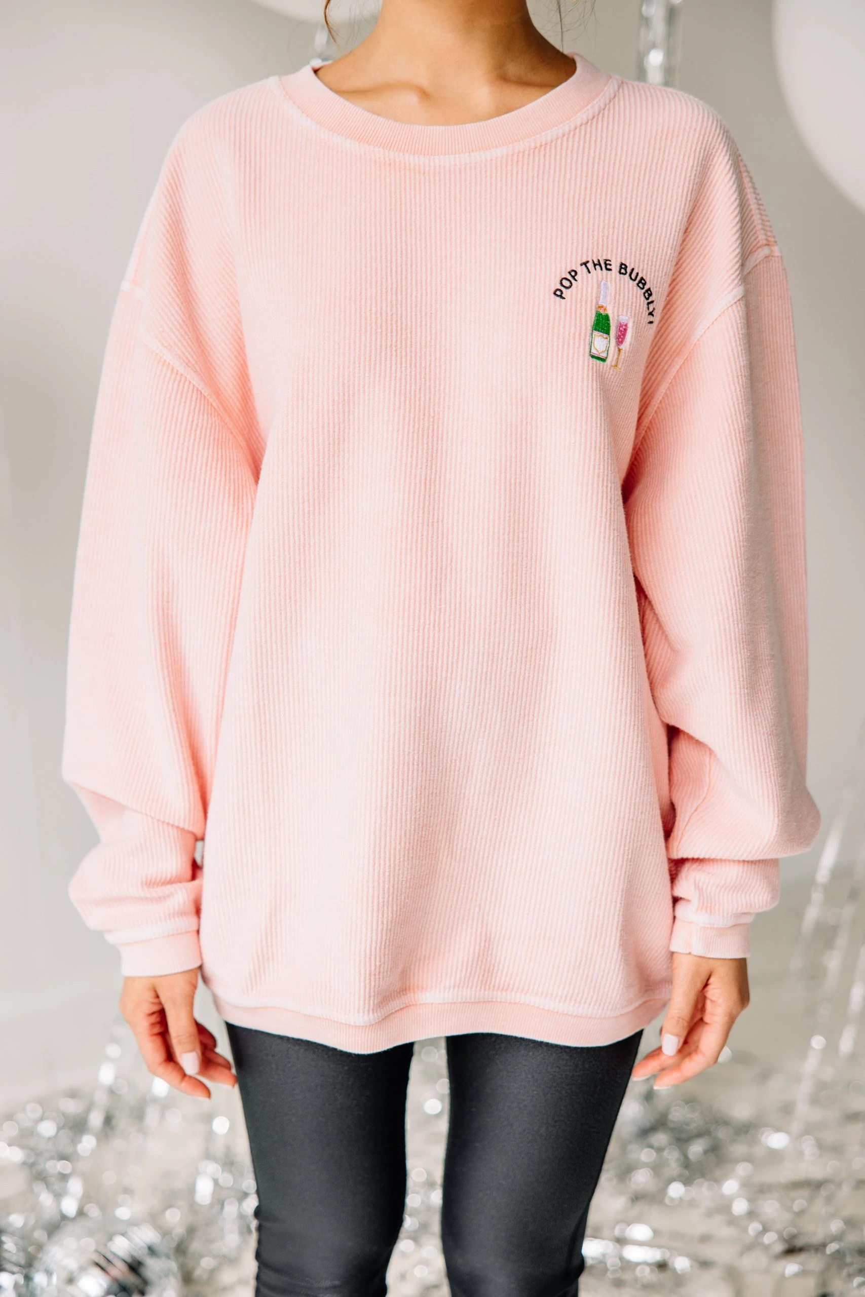 Pop The Bubbly Blush Pink Embroidered Corded Sweatshirt 5 Pop The Bubbly Blush Pink Embroidered Corded Sweatshirt - Image 3