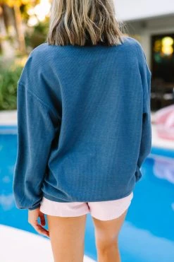 Champagne Navy Blue Graphic Corded Sweatshirt 9 Champagne Navy Blue Graphic Corded Sweatshirt -ANINE BING Shop 108650.Champagne Navy Blue Graphic Corded Sweatshirt copy 2