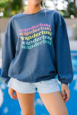 Wanderlust Navy Blue Graphic Corded Sweatshirt -ANINE BING Shop 109500.Wanderlust Navy Blue Graphic Corded Sweatshirt copy 2