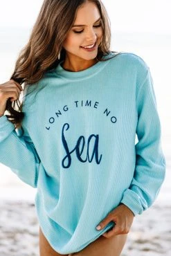 Long Time No Sea Aqua Blue Graphic Corded Sweatshirt