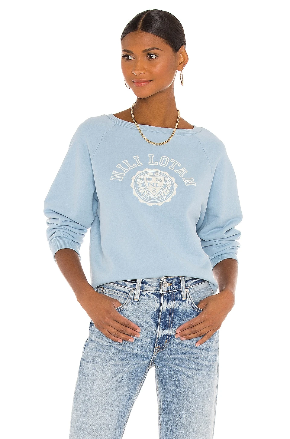 NILI LOTAN Crest Crew Neck Sweatshirt Light Blue 3 NILI LOTAN Crest Crew Neck Sweatshirt Light Blue